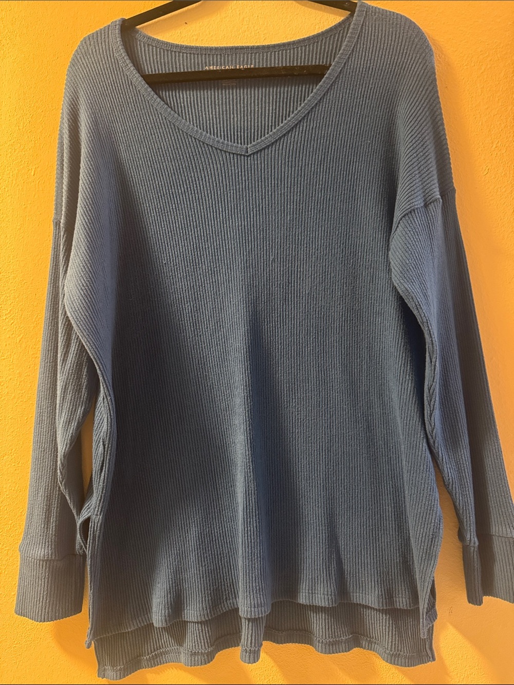 American Eagle Outfitters Slate Blue Waffle V-Neck Long Sleeve Top